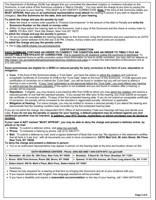 a sample of NYC DOB violation summons