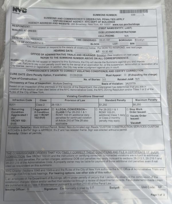 a sample of NYC DOB violation summons delivered by a homeowner