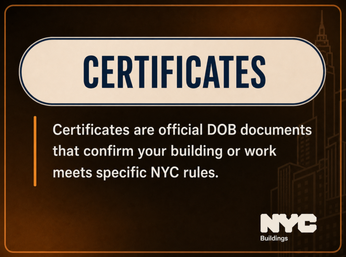 Certificates are official DOB documents that confirm your building or work meets specyfic NYC rules